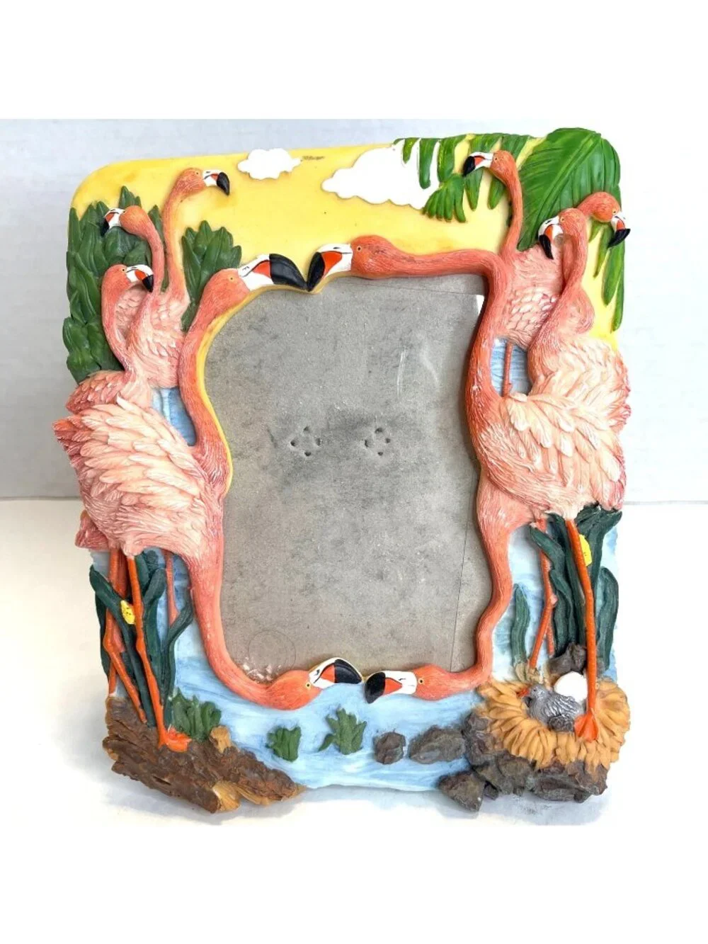 VTG Pink Flamingo Flock 3D Picture Photo Frame Tropical Family Beach Vacation - Picture 1 of 10
